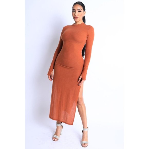 Women's Hacci Mock Neck Long Sleeves Double Slits Maxi Dress Rust S M L - Picture 6 of 7